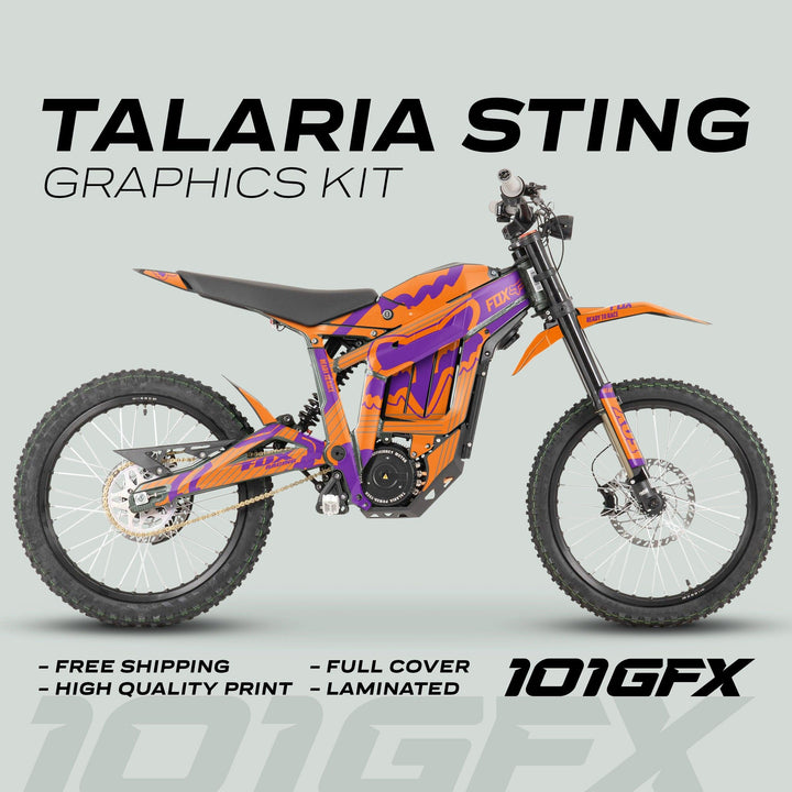 Talaria Sting MX3 MX4 Graphics Kit FOX STRIPES Orange Purple displayed on an electric dirt bike, highlighting vibrant decals, free shipping, and high-quality, durable design. 