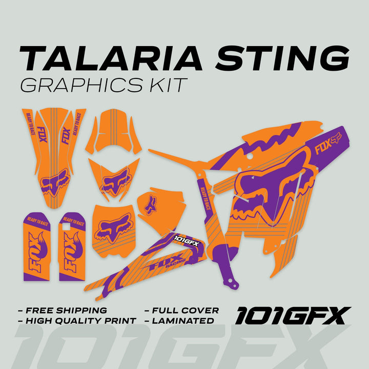 Talaria Sting MX3 MX4 Graphics Kit FOX STRIPES Orange Purple, showcasing die-cut vinyl pieces in an orange/purple theme with features like durability and easy application.
