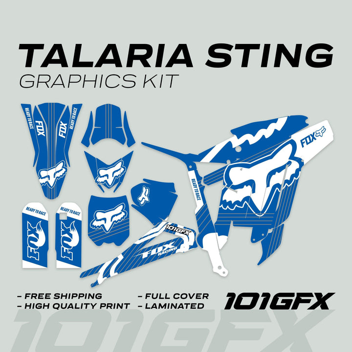 Talaria Sting MX3 MX4 Graphics Kit FOX STRIPES Blue White with custom blue-and-white decals, featuring FOX logo, Ready to Race slogan, and free shipping offer.