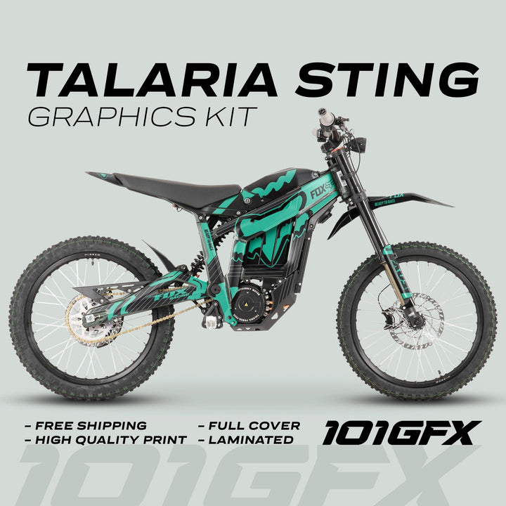 Talaria Sting MX3 MX4 Graphics Kit FOX STRIPES Black Mint on bike, featuring black and teal vinyl decals, free shipping, high-quality print, full-cover, laminated.