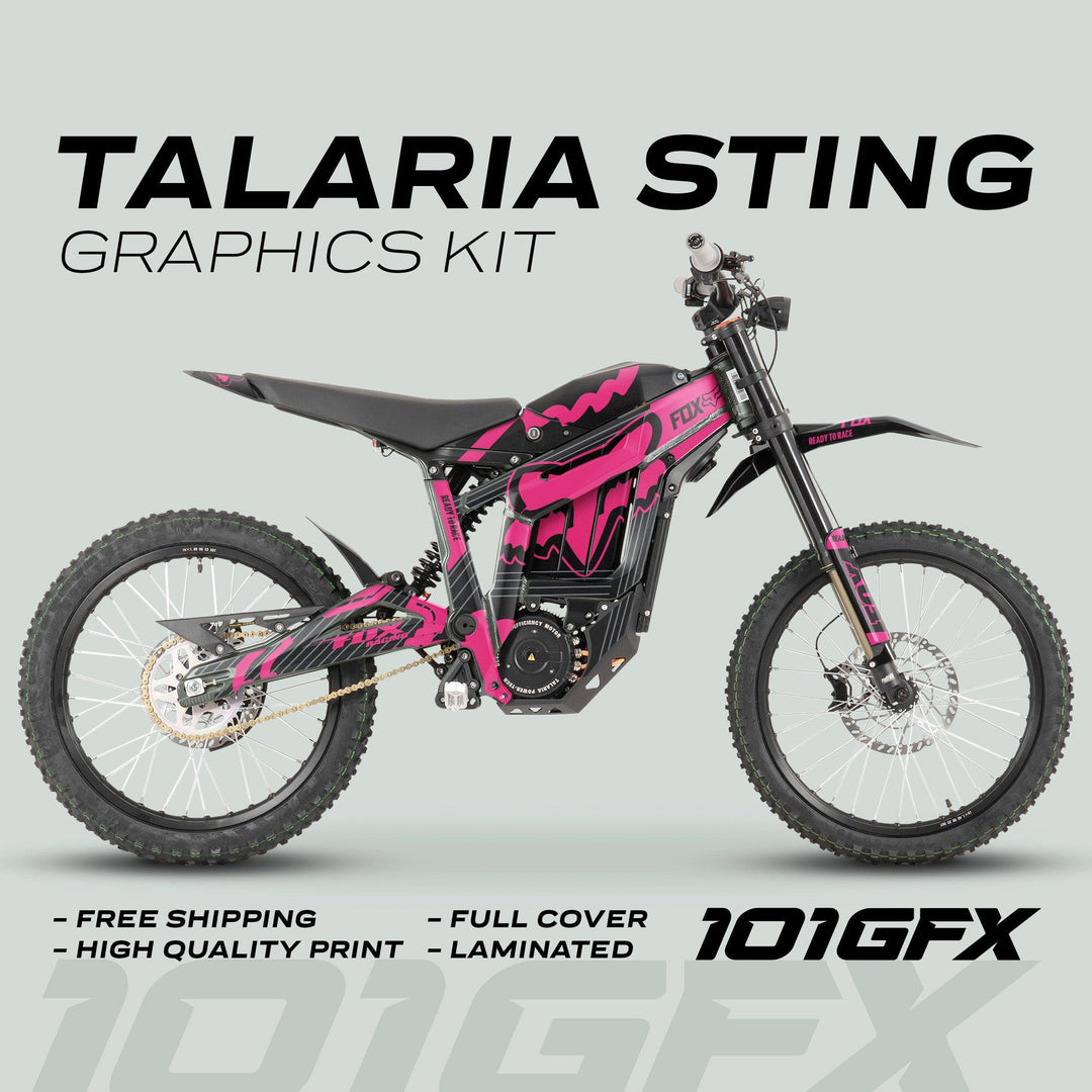 Talaria Sting MX3 MX4 Graphics Kit FOX STRIPES Black Magenta on bike, showing pink-and-black wrap. Features: full cover, laminated, free shipping.