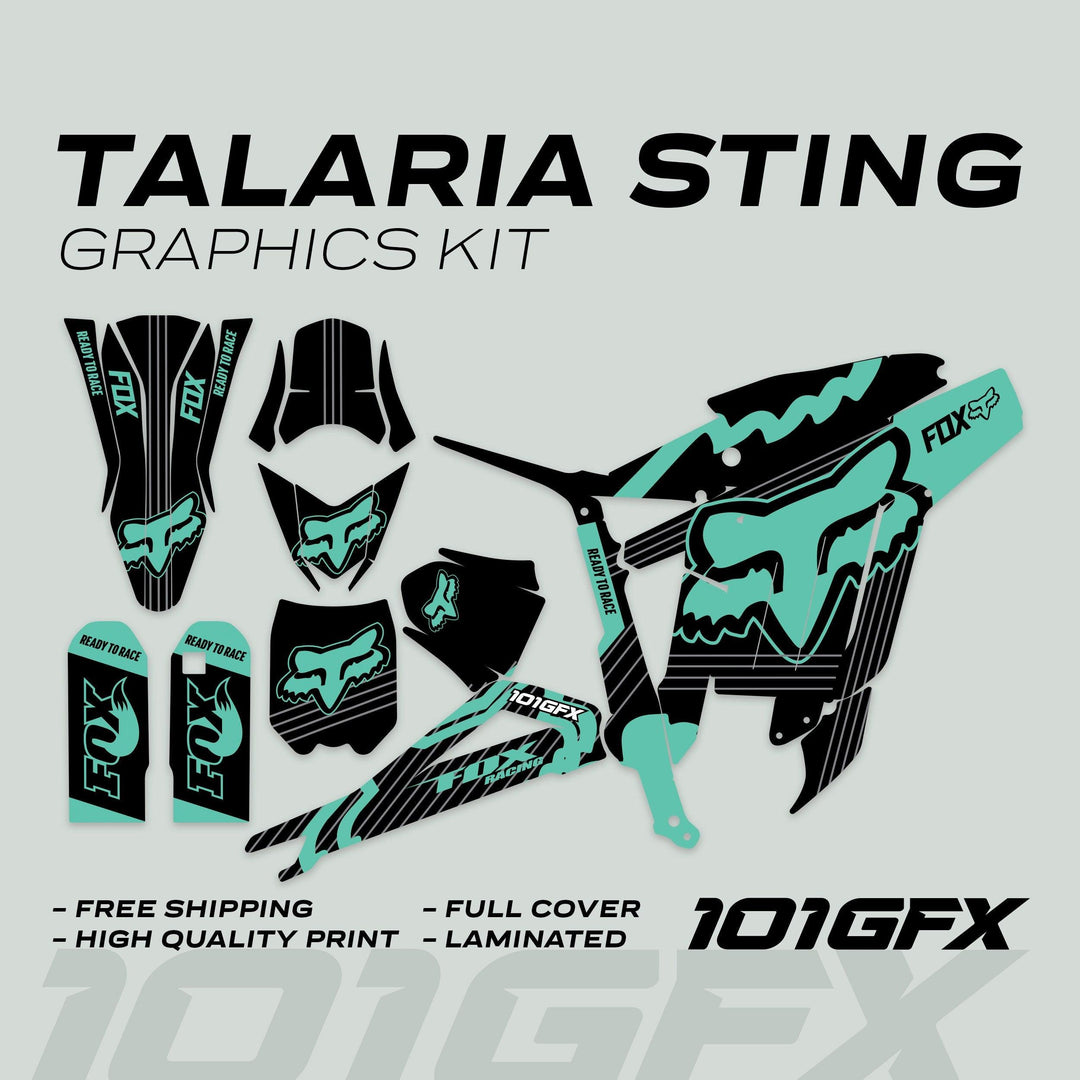 Talaria Sting MX3 MX4 Graphics Kit FOX STRIPES Black Mint, featuring black-and-teal decals with Fox logos, Ready to Race text, and promotional benefits highlighted.