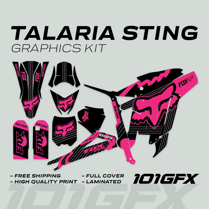 Talaria Sting MX3 MX4 Graphics Kit FOX STRIPES Black Magenta decals laid out, featuring durable, vibrant vinyl for fenders, shrouds, plates, and more.