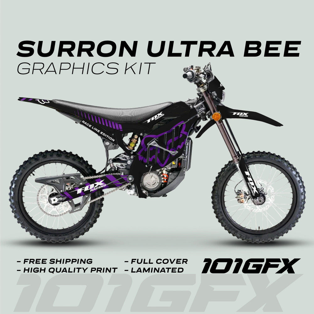 Surron Ultra Bee Graphics Kit FOX RACE LINE Black Purple displayed on a bike, highlighting Free Shipping, High Quality Print, Full Cover, Laminated with 101GFX branding.