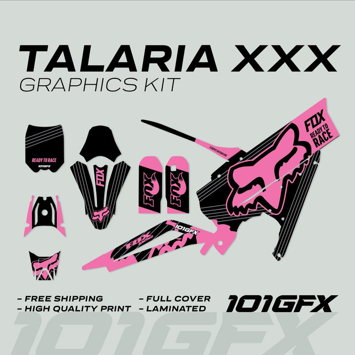 Talaria XXX Graphics Kit FOX STRIPES Black Pink, featuring black-and-hot-pink decals for various bike parts, enhancing aesthetics and protection with high-quality, laminated vinyl.