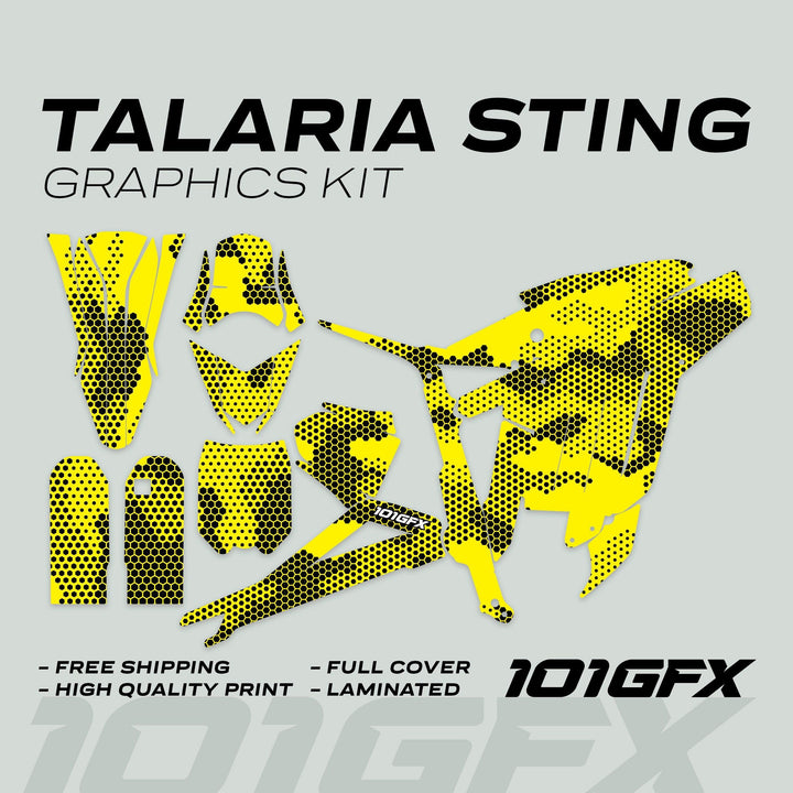 Talaria Sting MX3 MX4 Graphics Kit HEXOCAM Yellow with yellow-black hex-pattern decals for full coverage, featuring high-quality print, laminated finish, and free shipping.