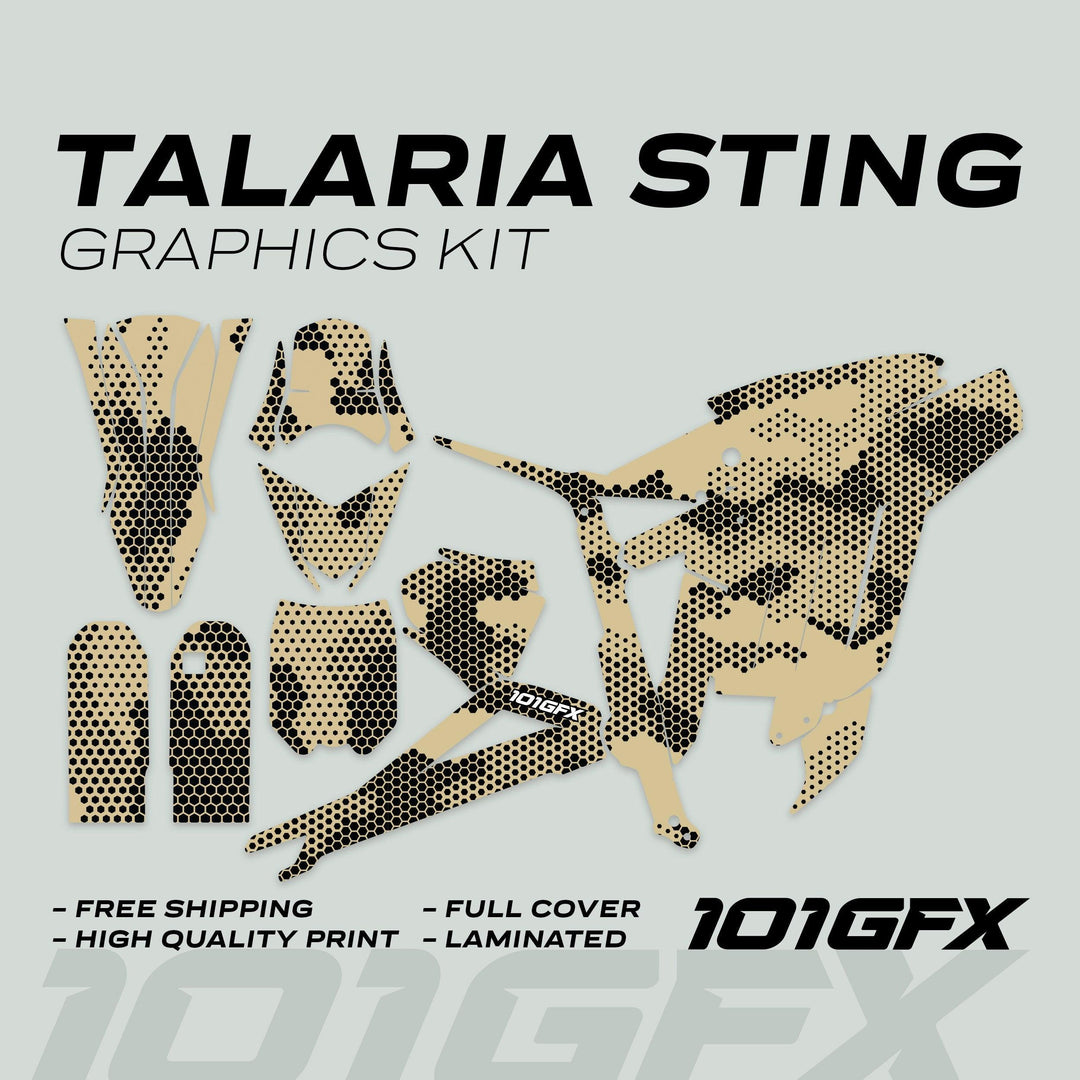 Talaria Sting MX3 MX4 Graphics Kit HEXOCAM Sand, featuring gold-black halftone decals for fenders, plates, and covers; enhances vehicle aesthetics with durable, full-coverage design.