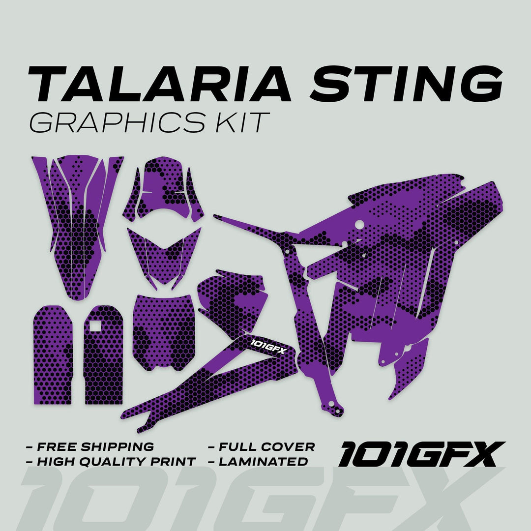 Talaria Sting MX3 MX4 Graphics Kit HEXOCAM Purple with honeycomb-patterned decals for full motorcycle coverage; features include high quality, full cover, laminated, free shipping.