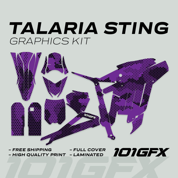 Talaria Sting MX3 MX4 Graphics Kit HEXOCAM Purple with honeycomb-patterned decals for full motorcycle coverage; features include high quality, full cover, laminated, free shipping.