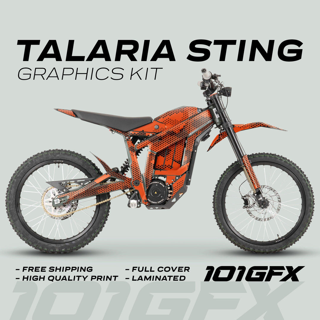 Talaria Sting MX3 MX4 Graphics Kit HEXOCAM Orange with orange-and-black halftone design, promoting free shipping, high-quality print, full cover, and laminated finish.