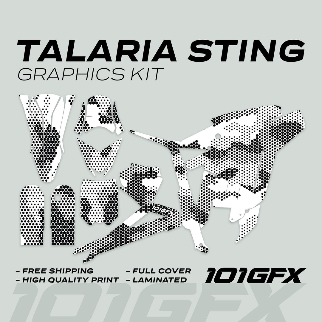 Talaria Sting MX3 MX4 Graphics Kit HEXOCAM White decals in a honeycomb pattern, promoting high-quality, full coverage, laminated, with free shipping.