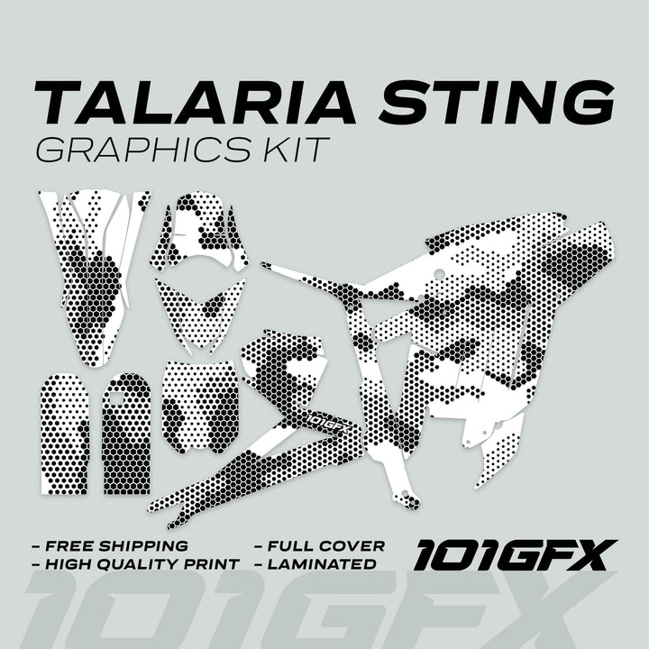 Talaria Sting MX3 MX4 Graphics Kit HEXOCAM White decals in a honeycomb pattern, promoting high-quality, full coverage, laminated, with free shipping.