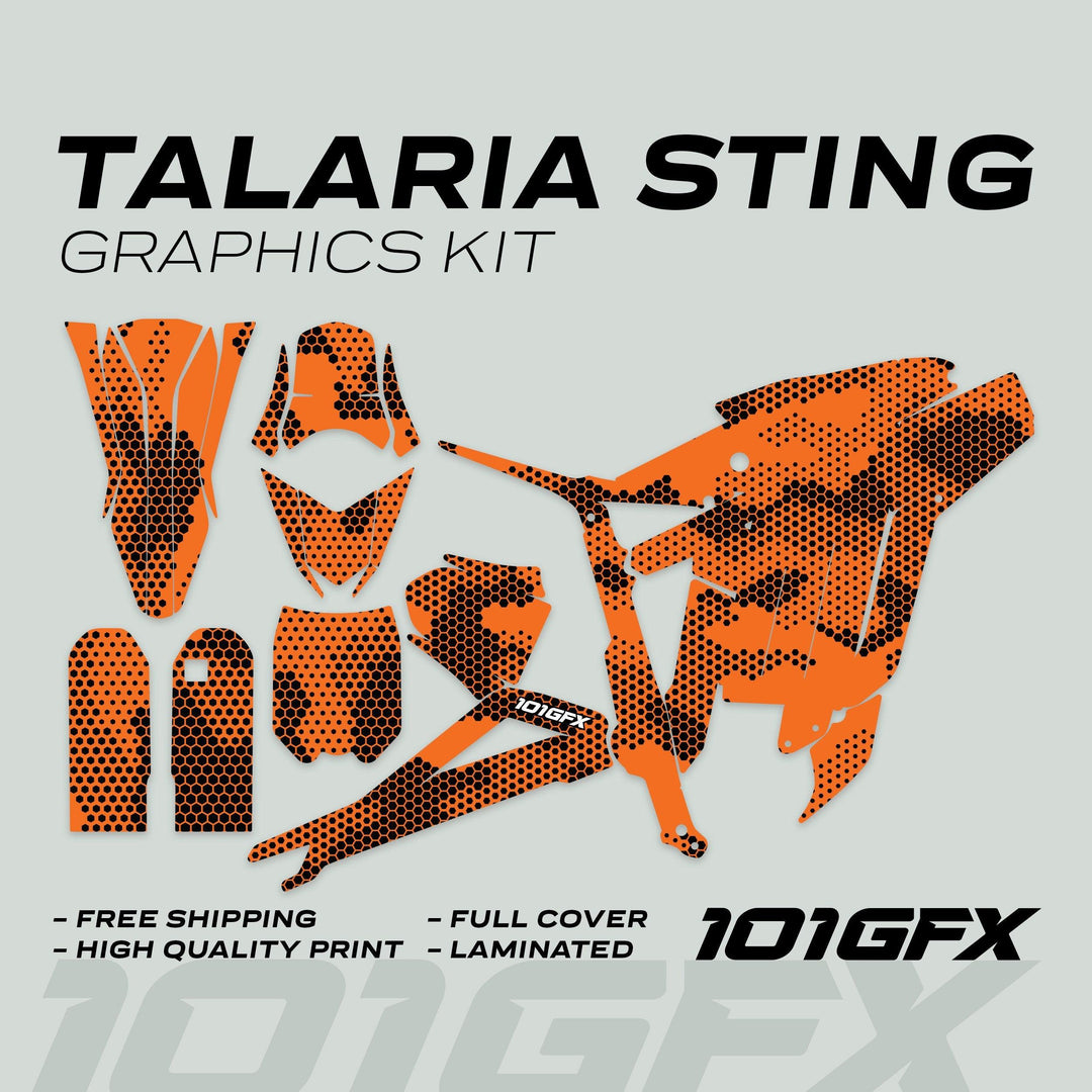 Talaria Sting MX3 MX4 Graphics Kit HEXOCAM Orange: Orange-black honeycomb-patterned decal set with fender covers and shroud panels, emphasizing durability and easy installation.