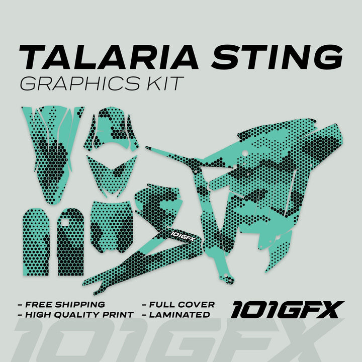 Talaria Sting MX3 MX4 Graphics Kit HEXOCAM Mint with teal-and-black honeycomb decals; includes shrouds, fenders, number plates, fork guards, swingarm accents; high-quality, laminated finish.