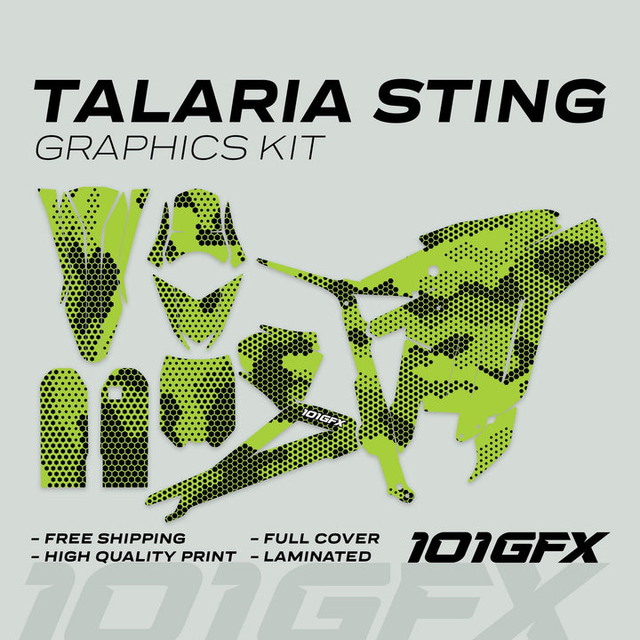 Talaria Sting MX3 MX4 Graphics Kit HEXOCAM Green with neon-green and black hex-dot pattern decals, labeled “Full Cover,” “Laminated,” offering durability and easy installation.