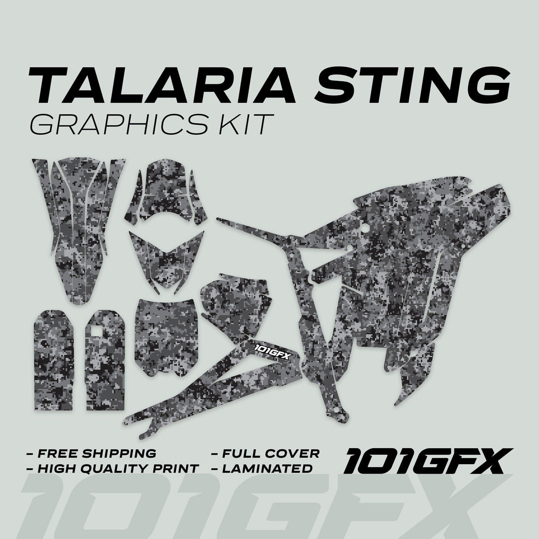 Talaria Sting MX3 MX4 Graphics Kit SQUARE TEK Grey decals displayed, featuring digital-camouflage pattern for full vehicle coverage, highlighting durability, easy installation, and free shipping.