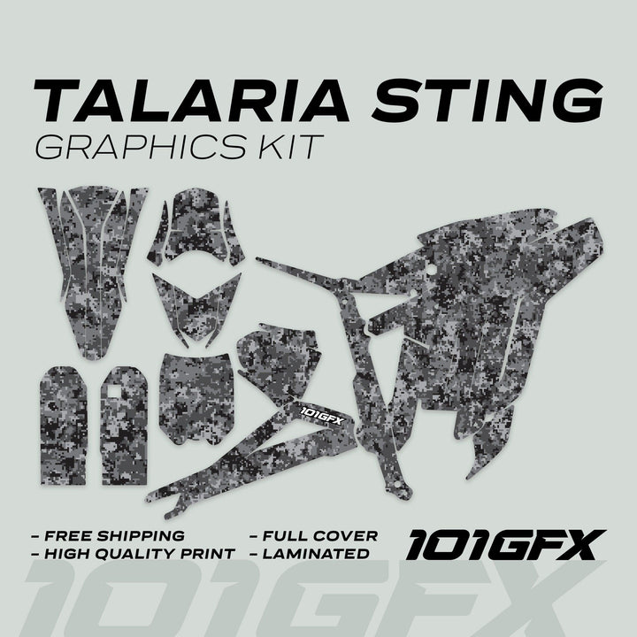 Talaria Sting MX3 MX4 Graphics Kit SQUARE TEK Grey decals displayed, featuring digital-camouflage pattern for full vehicle coverage, highlighting durability, easy installation, and free shipping.