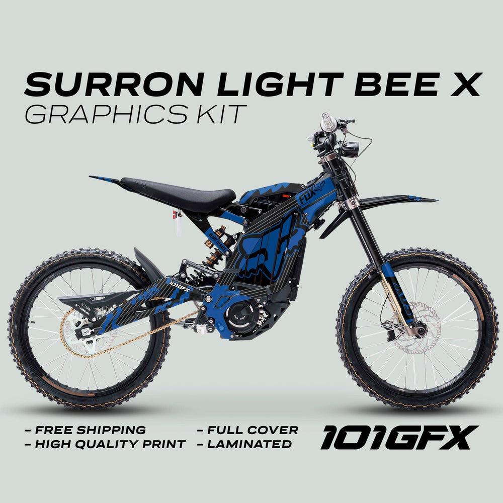Surron Light Bee X Graphics Kit FOX STRIPES BLACK Blue displayed on a bike, highlighting blue-and-black decals, free shipping, high-quality print, full cover, and laminated finish.