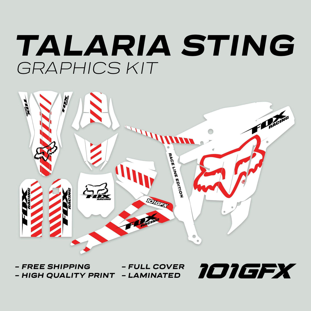 Talaria Sting MX3 MX4 Graphics Kit FOX Raceline White Red, featuring pre-cut, laminated vinyl decals for Talaria Sting bikes, showcasing white with red stripes and Fox logos.
