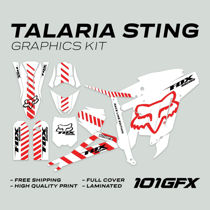 Talaria Sting MX3 MX4 Graphics Kit FOX Raceline White Red, featuring pre-cut, laminated vinyl decals for Talaria Sting bikes, showcasing white with red stripes and Fox logos.