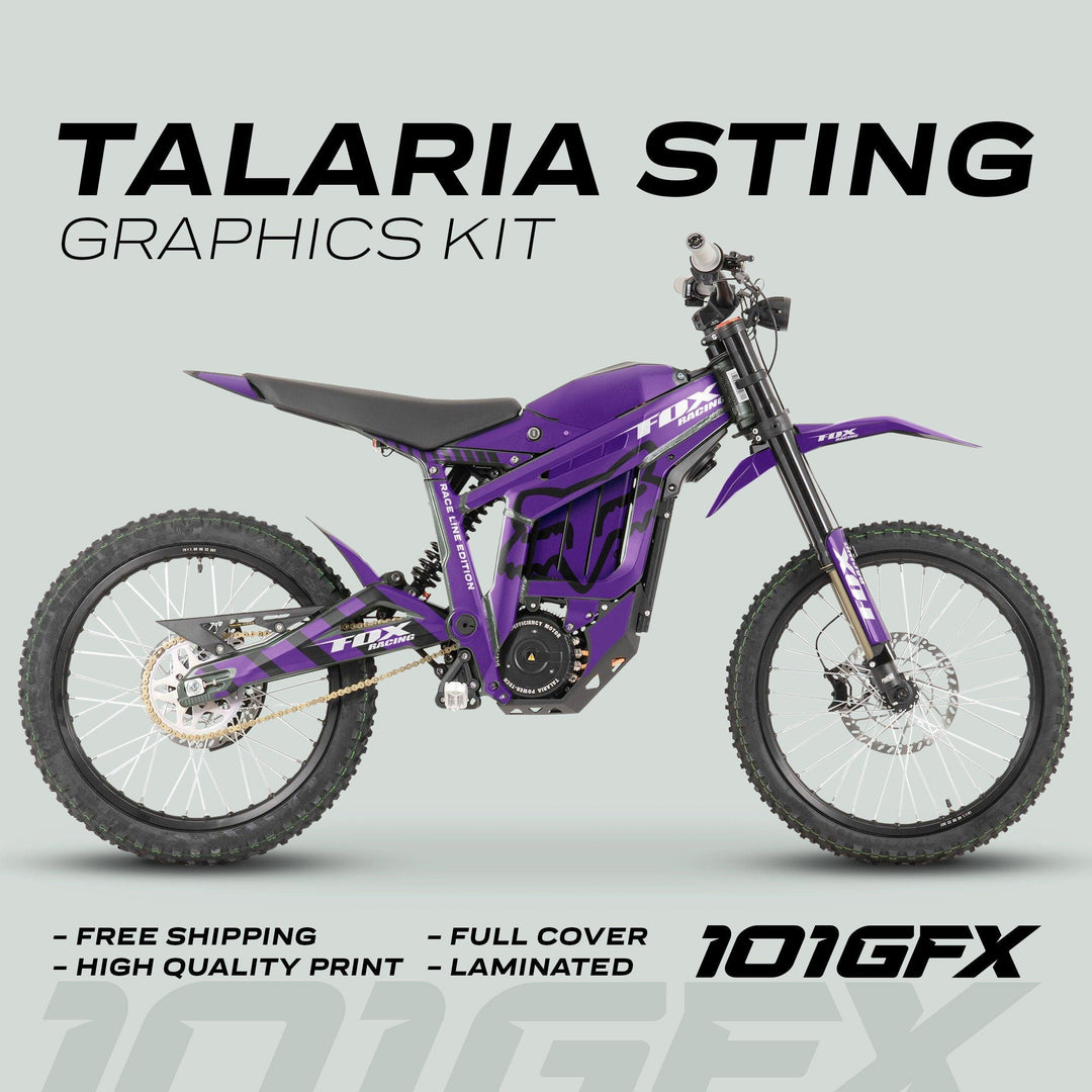 Talaria Sting MX3 MX4 Graphics Kit FOX Raceline Purple Black, featuring a full-cover decal, showcases vibrant purple graphics with durable, high-quality print and easy installation.