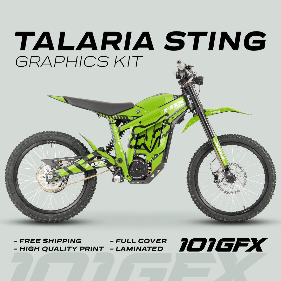 The image shows a Talaria Sting MX3 MX4 with the FOX Raceline Green Black graphics kit, highlighting its vibrant decals and promotional details for easy installation and free shipping.