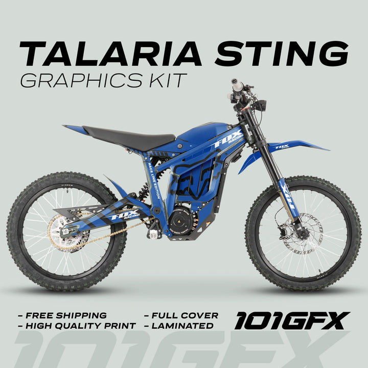 Talaria Sting MX3 MX4 Graphics Kit FOX Raceline Blue Black on blue off-road electric motorcycle, showcasing Fox Racing–style decals, promoting quality, free shipping, and durability.