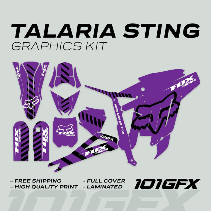 Talaria Sting MX3 MX4 Graphics Kit FOX Raceline Purple Black, featuring purple vinyl decals with logos and stripes for a custom fit on all body panels.