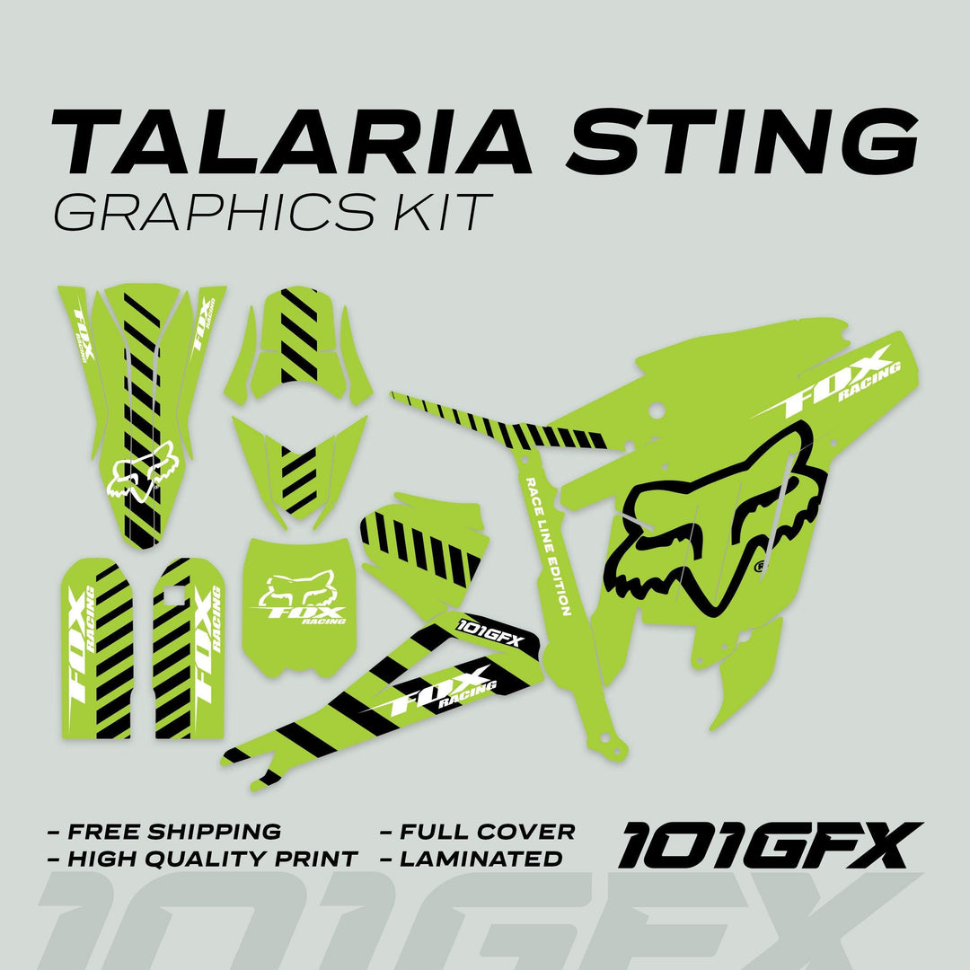 Talaria Sting MX3 MX4 Graphics Kit features FOX Raceline Green Black decals, displaying Fox Racing logo, Race Line Edition, and 101GFX for motocross bikes.