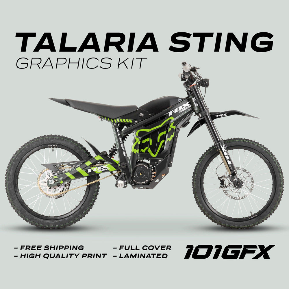 Talaria Sting MX3 MX4 Graphics Kit FOX Raceline Black Green on an off-road electric dirt bike with neon-green and white decals, promoting customization and easy application.
