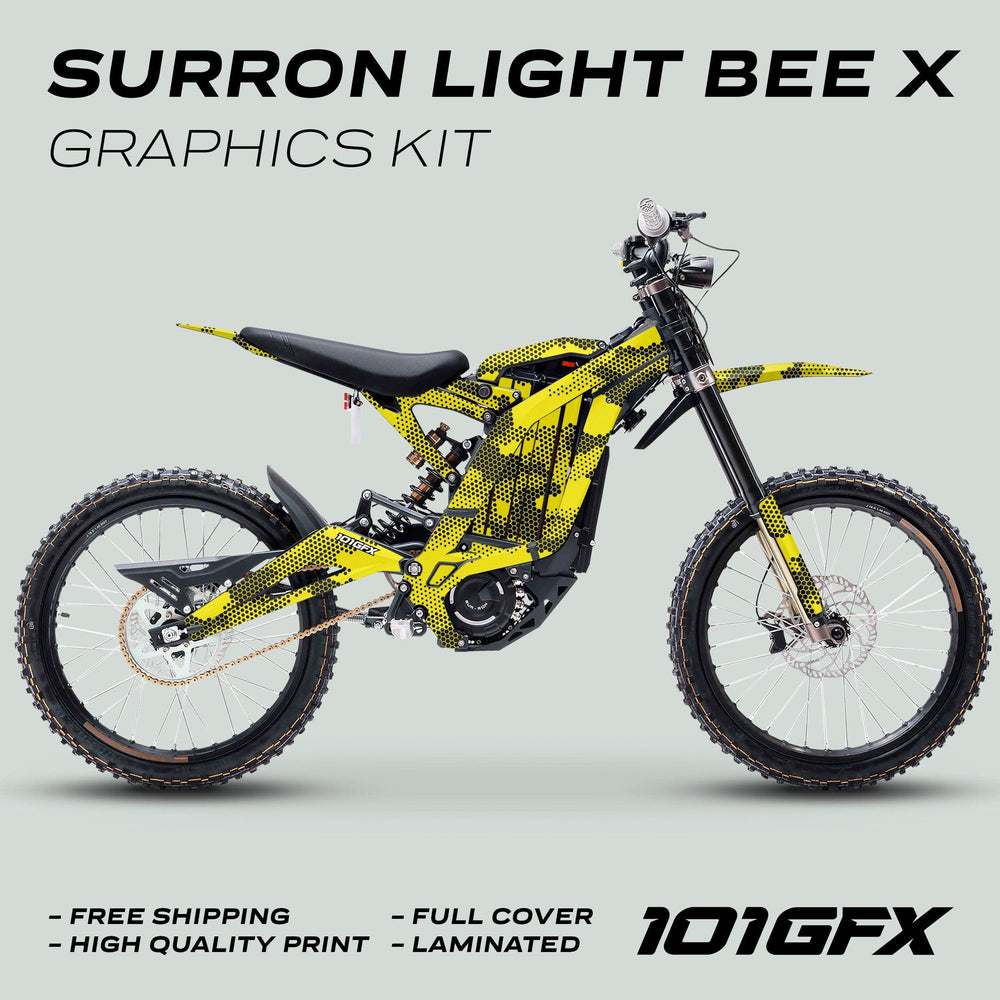 Surron Light Bee X Graphics Kit HEXOCAM Yellow, showcasing honeycomb-style wrap on bike, emphasizing durability and vibrant design with free shipping and high-quality print.
