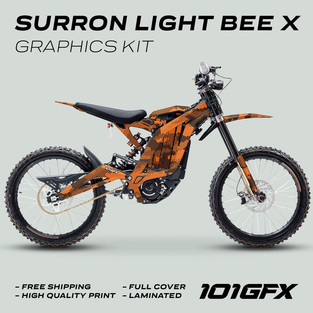 Surron Light Bee X Graphics Kit HEXOCAM Orange on electric dirt-bike, showcasing vibrant design, free shipping, high-quality print, and full-cover wrap with laminated finish.