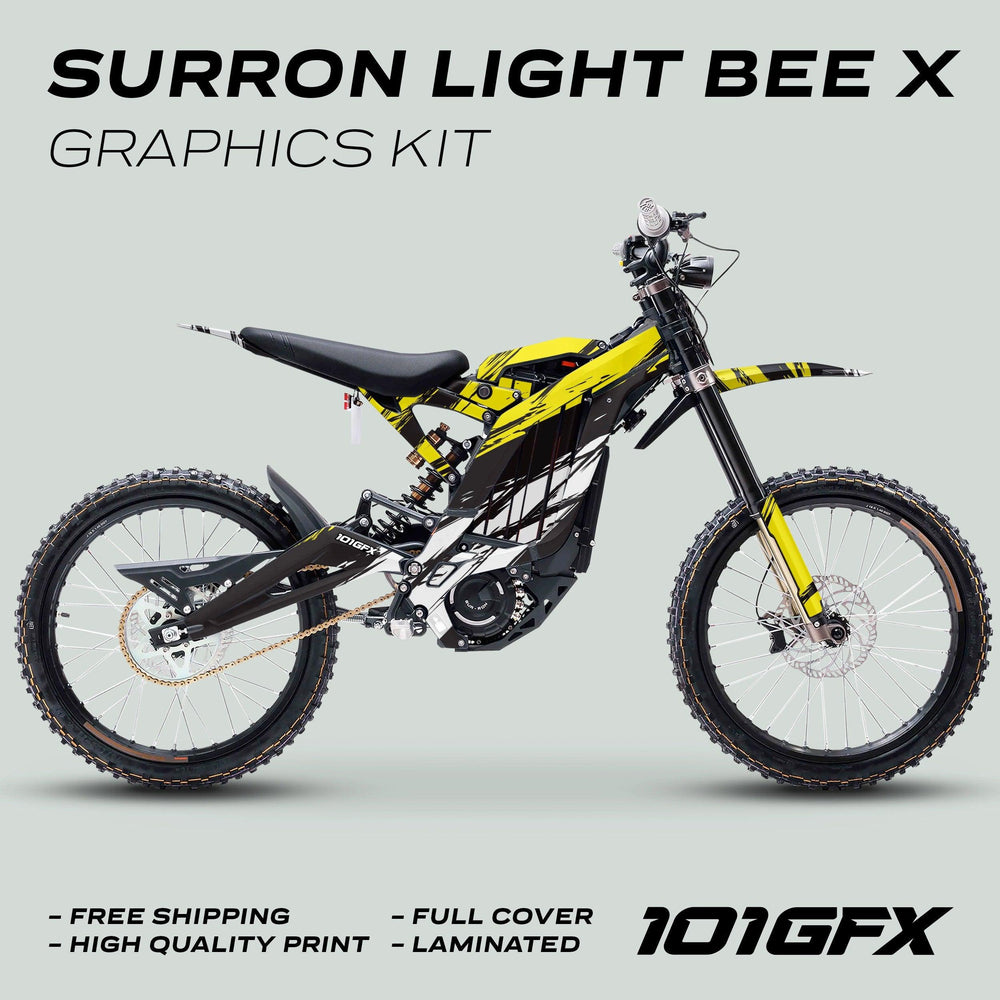 Surron Light Bee X Graphics Kit SLICE BLACK Yellow displayed on a bike, highlighting custom-fit, glossy laminated decals with callouts for quality features like free shipping and durability.