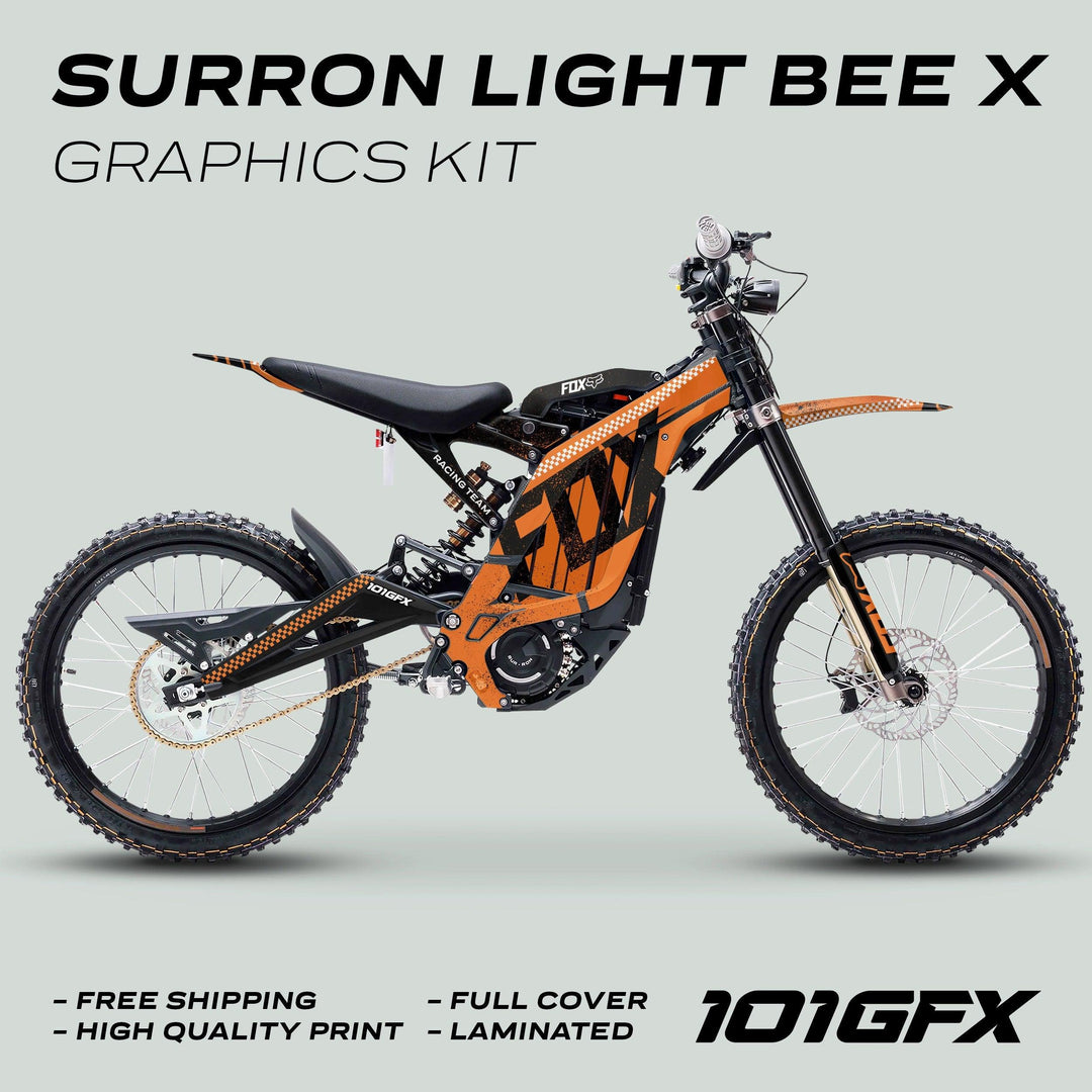 Surron Light Bee X Graphics Kit FOX DUST Orange Black, showcasing orange-black decals on an electric dirt-bike, highlighted by features like free shipping, high-quality print, and laminated finish.