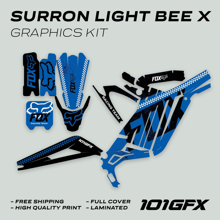 Surron Light Bee X Graphics Kit FOX DUST Blue Black: pre-cut, laminated vinyl decals for dirt-bike plastics, featuring high-quality printing and weather-resistant durability.