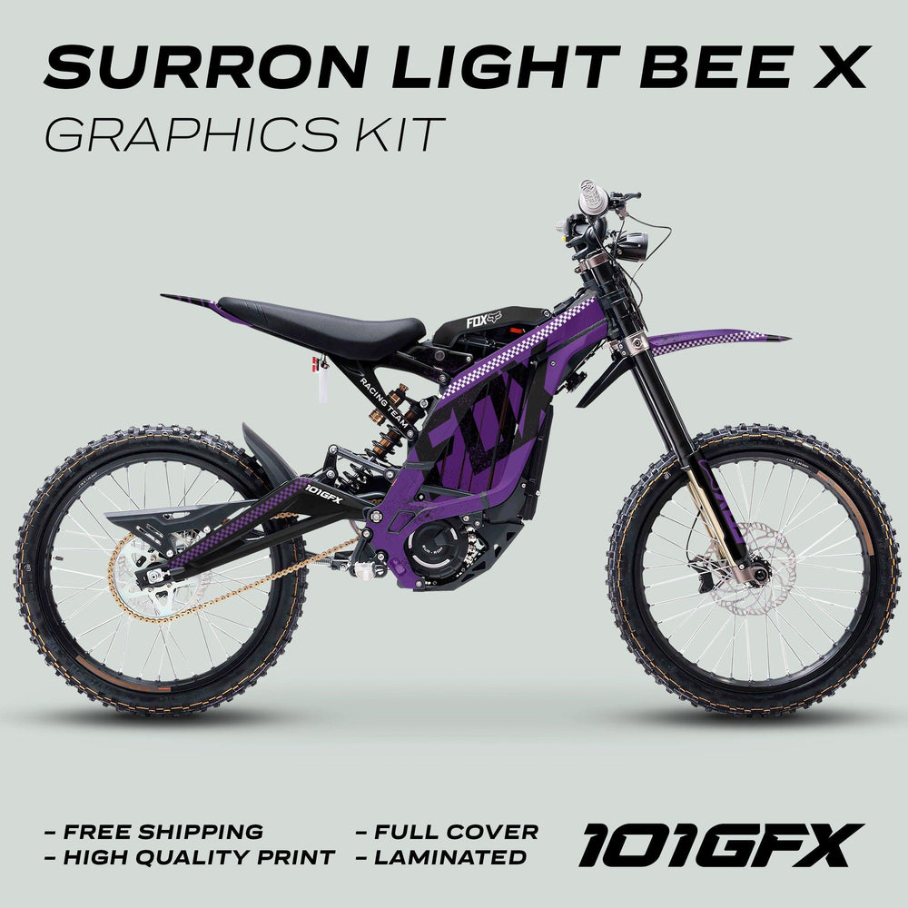 Surron Light Bee X Graphics Kit FOX DUST Purple Black displayed on bike, highlighting purple/black decals and features like free shipping, high-quality print, and laminated finish.