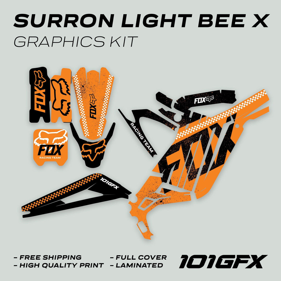 Surron Light Bee X Graphics Kit FOX DUST Orange Black featuring orange/black die-cut decals with FOX logos, checker accents, and highlighted features like durability and easy application.