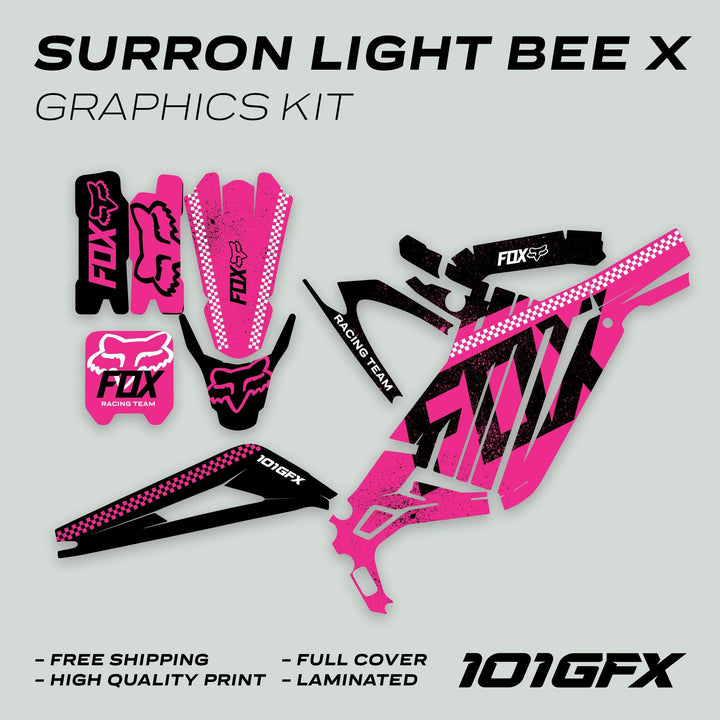 Surron Light Bee X Graphics Kit FOX DUST Pink Black with hot-pink and black decals, including fender, side panels, fork guards, and logos, enhancing bike aesthetics and protection.