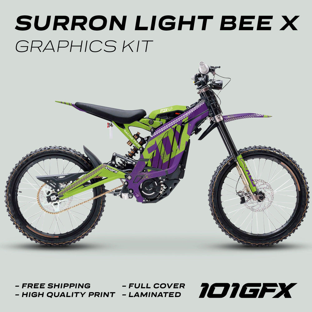 Surron Light Bee X Graphics Kit FOX DUST Purple Green on bike, showcasing full coverage, vibrant design, and durability with free shipping and high-quality print.
