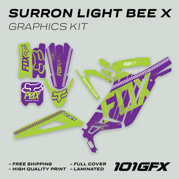 Surron Light Bee X Graphics Kit FOX DUST Purple Green featuring pre-cut decals with Fox Racing logos for frame, fender, and number-plate covers, promoting durability and easy application.