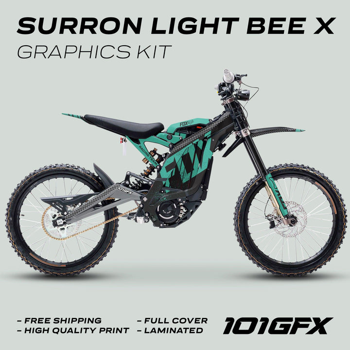 Surron Light Bee X Graphics Kit FOX DUST Black Mint on bike, showcasing black-and-teal decals, highlighting free shipping, high quality, full cover, and laminated.