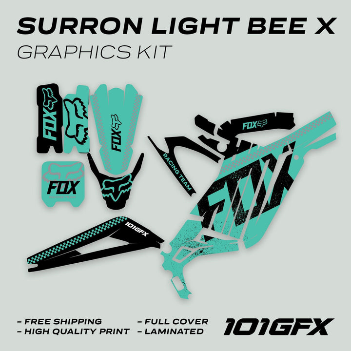Surron Light Bee X Graphics Kit FOX DUST Mint Black showing turquoise and black decals for bike panels, promoting compatibility, durability, and easy installation.