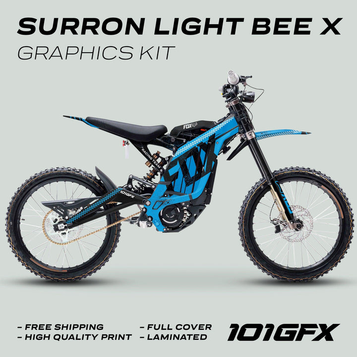 Surron Light Bee X Graphics Kit FOX DUST Cyan Black displayed with custom blue-and-black design, highlighting free shipping, durability, and a glossy finish. 101GFX logo included.