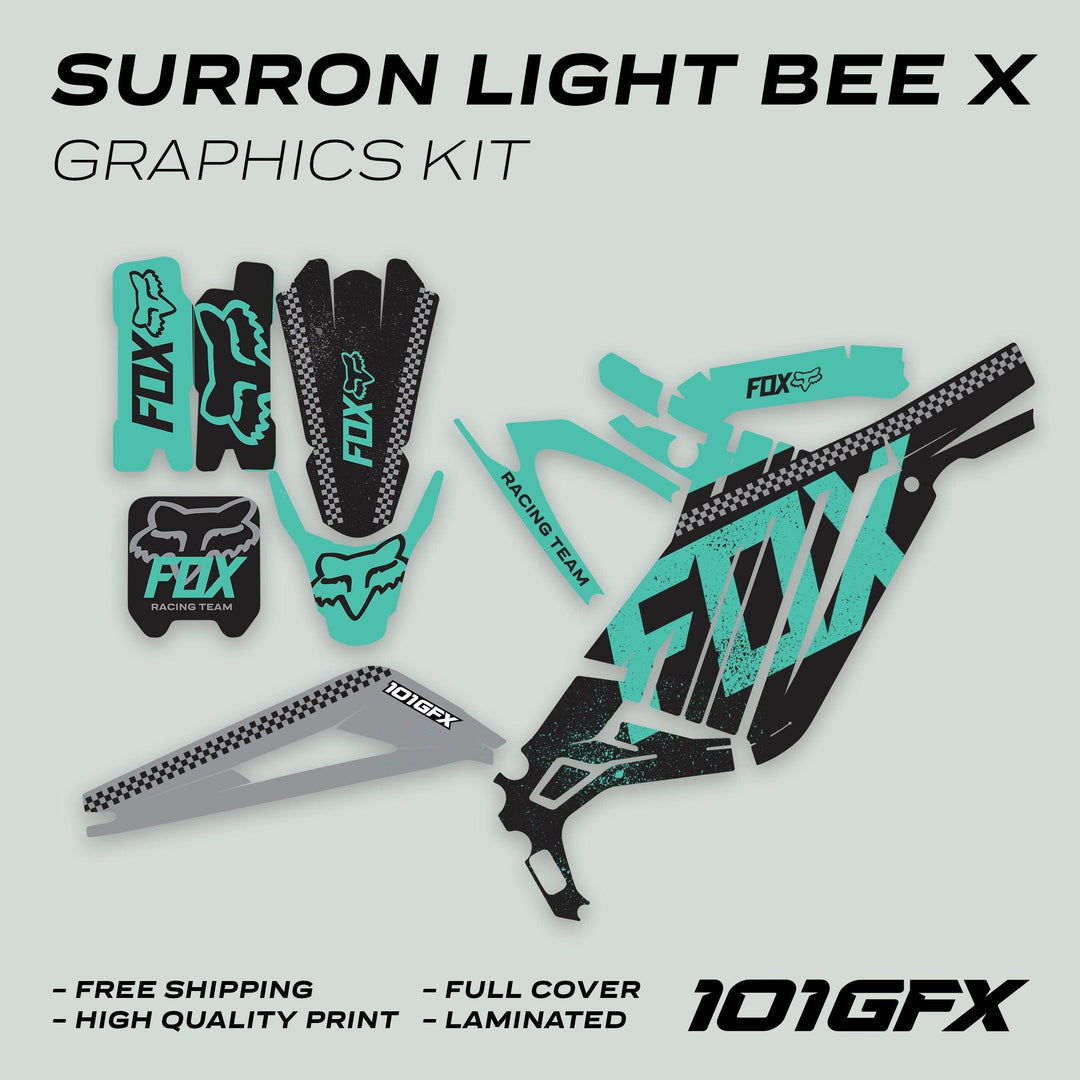 Surron Light Bee X Graphics Kit FOX DUST Black Mint laid out, showcasing custom teal-and-black vinyl pieces, including fender and side panels, designed for style and protection.