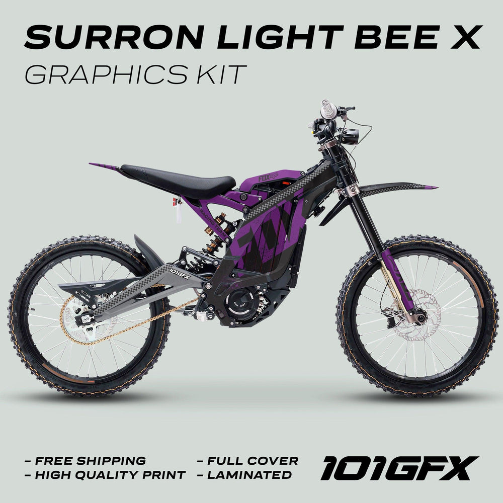 Surron Light Bee X Graphics Kit FOX DUST Black Purple on electric dirt-bike, showcasing custom purple-and-black vinyl wrap and key features like durability and easy application.