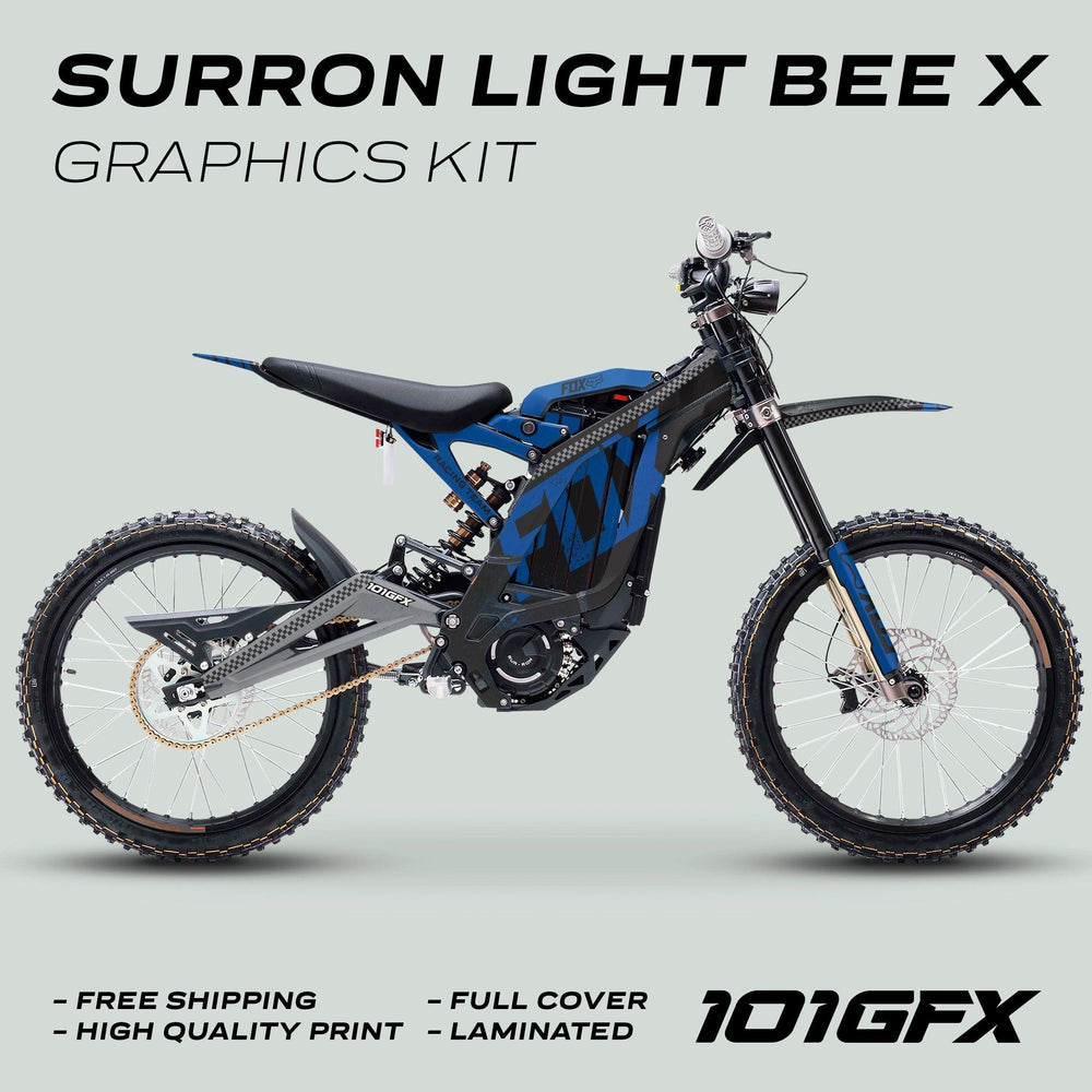 Surron Light Bee X Graphics Kit FOX DUST Black Blue showcased with sleek blue and black design, emphasizing durability, easy installation, and high-quality laminated finish.