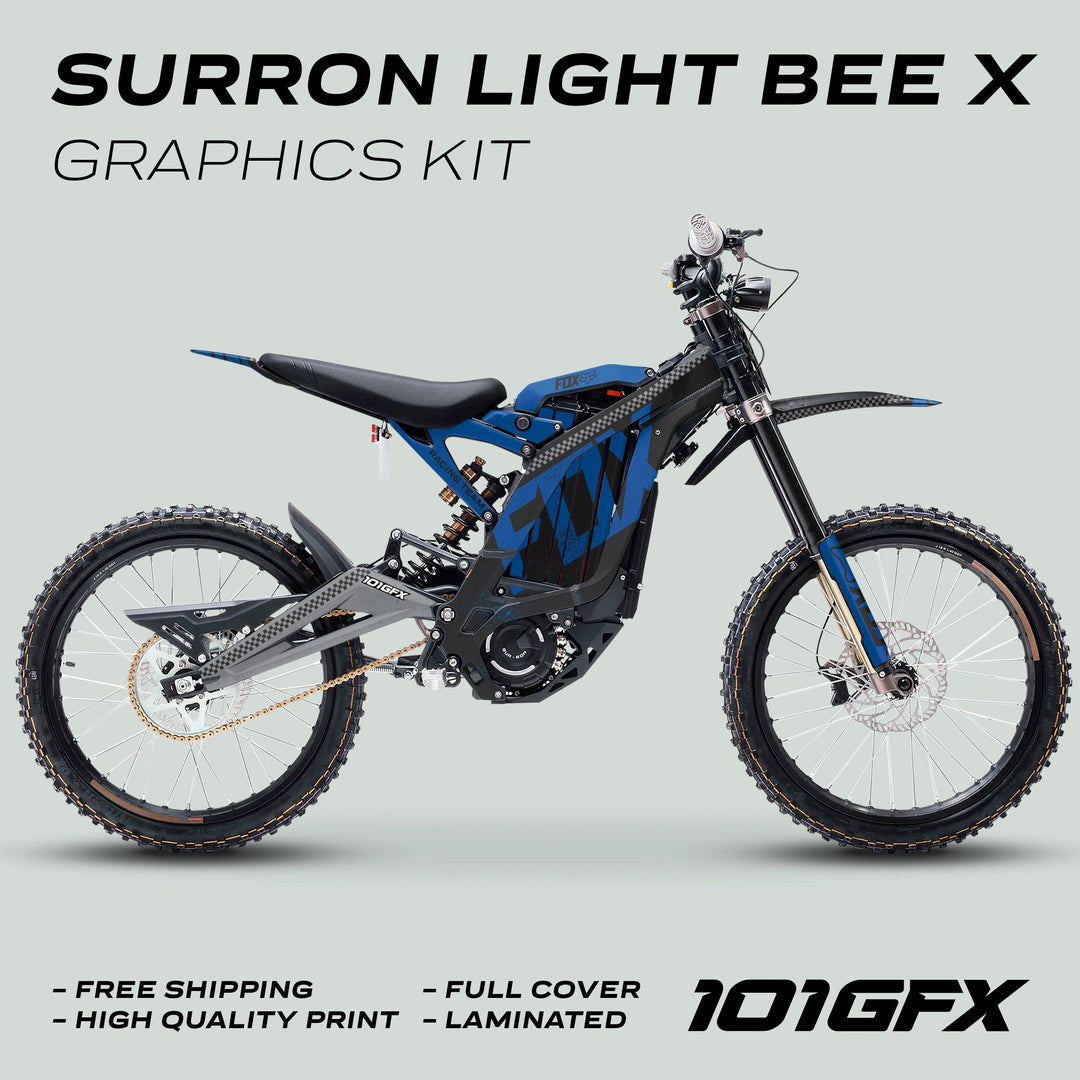 Surron Light Bee X Graphics Kit FOX DUST Black Blue showcased with sleek blue and black design, emphasizing durability, easy installation, and high-quality laminated finish.