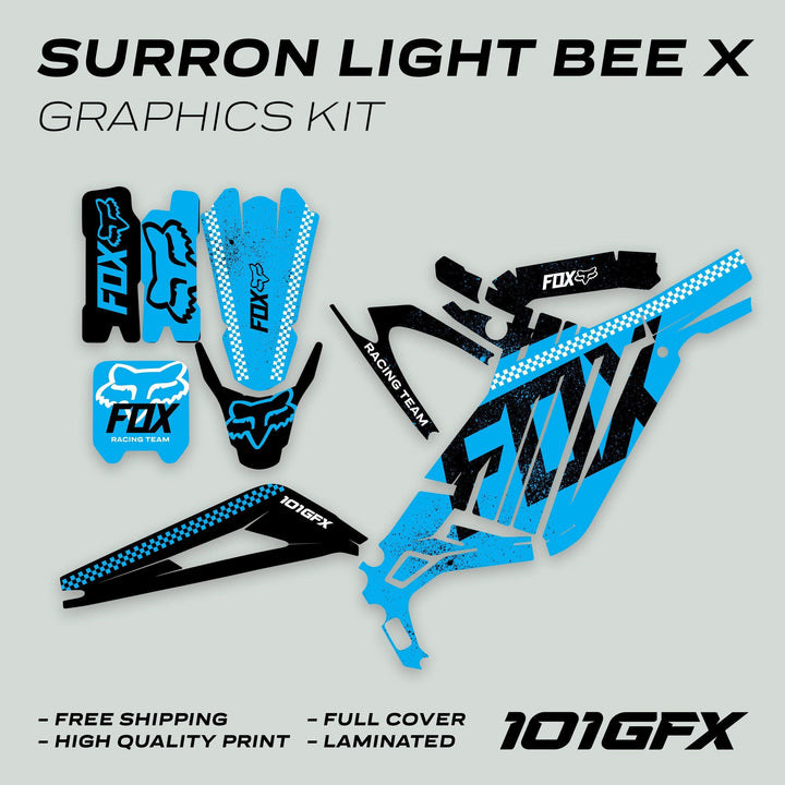Surron Light Bee X Graphics Kit FOX DUST Cyan Black includes all decals, showcasing features like full cover, high-quality print, laminated finish, and free shipping.