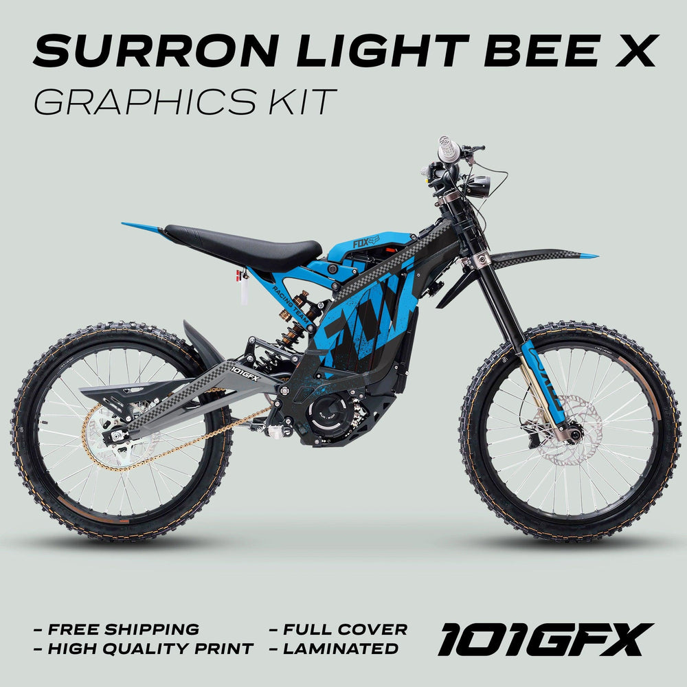 Surron Light Bee X Graphics Kit FOX DUST Black Cyan on a bike, showcasing a blue-and-black wrap with 101 styling and promotional text for durability and easy application.