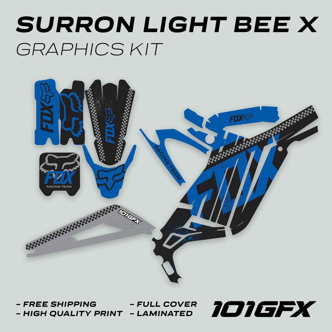 Surron Light Bee X Graphics Kit FOX DUST Black Blue layout, showcasing blue-and-black vinyl decals for various bike parts, highlighting features like free shipping and laminated finish.